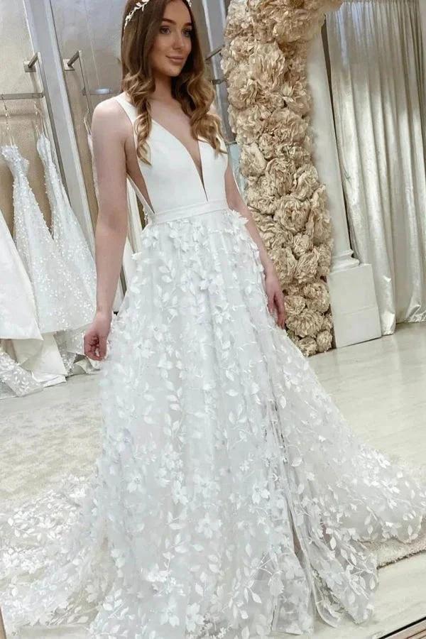 A-line V Neck Elegant Floral Lace Wedding Dresses WD697 by pgmdress