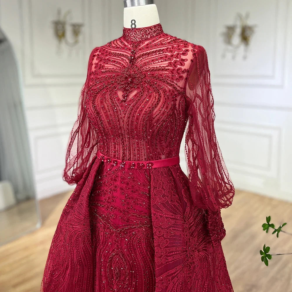 Zapdress Customized Wine Red Long Sleeves Overskirt Evening Dresses 2024 Muslim Party Gowns For Women Plus Size (ZD17306)