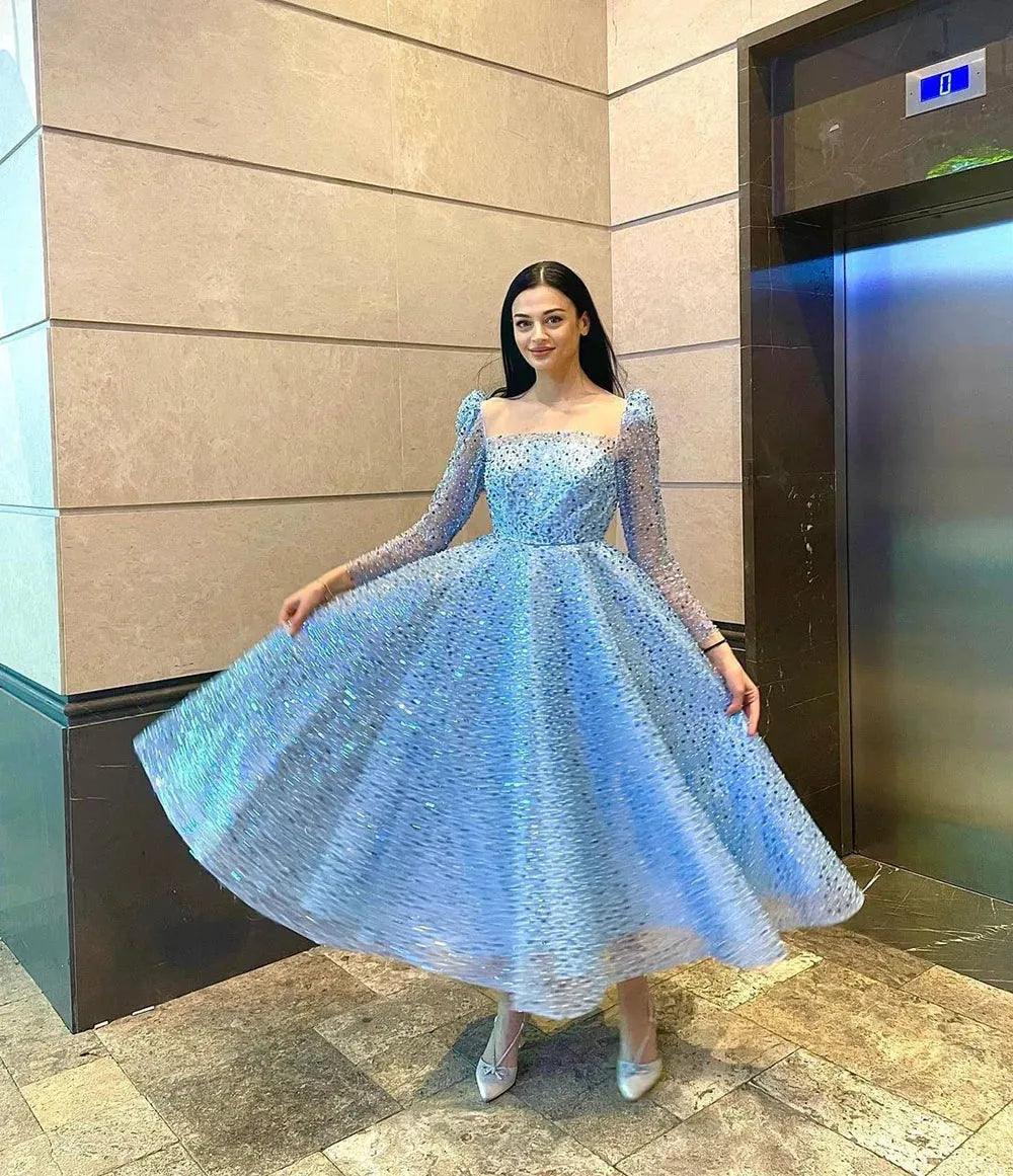 Ocean Blue Evening Dress Glitter Shiny Sequined Prom Gown 3/4 Long Sleeves Party Dress Lace Up Club Banquet Dress