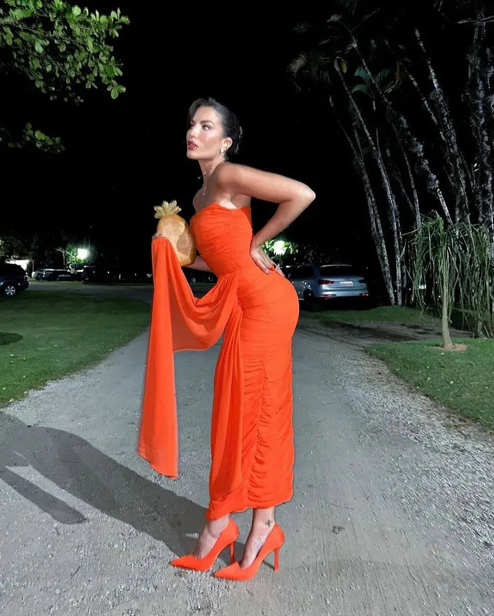 Orange Charming Prom Gown Strapless Pleat Anke Length Evening Dresses With Draped Party Celebrity Night Dinner Gowns