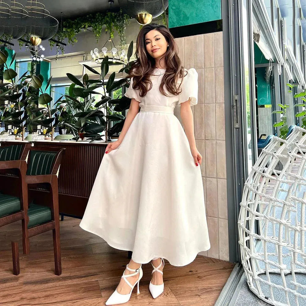Charming Prom Dresses Elegant O neck Belt Short Puff Sleeves Evening Gowns Tea Length Graduation Formal Dress Pocket Ivory