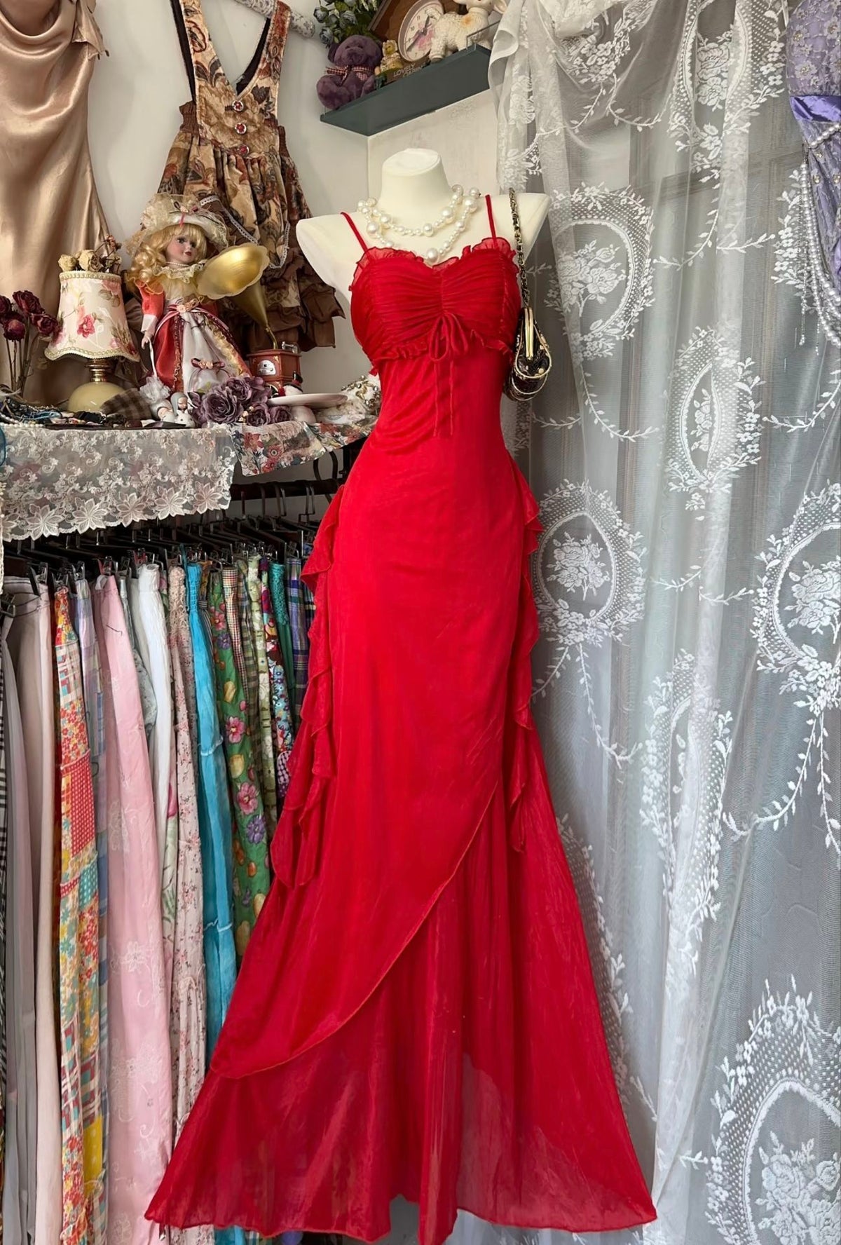 Spaghetti Straps Red Mermaid Long Prom Dress Ruffle Vintage Evening Dress