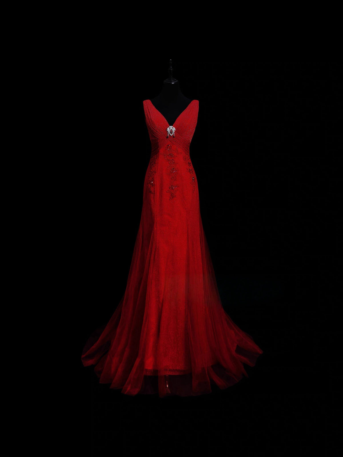 V-Neck Red Mermaid Long Prom Dress Applique Evening Dress