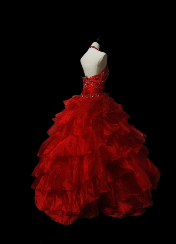 Vintage Halter Red V Neck Tulle Pleated Beaded Ball Gown Formal Quinceanera Dress