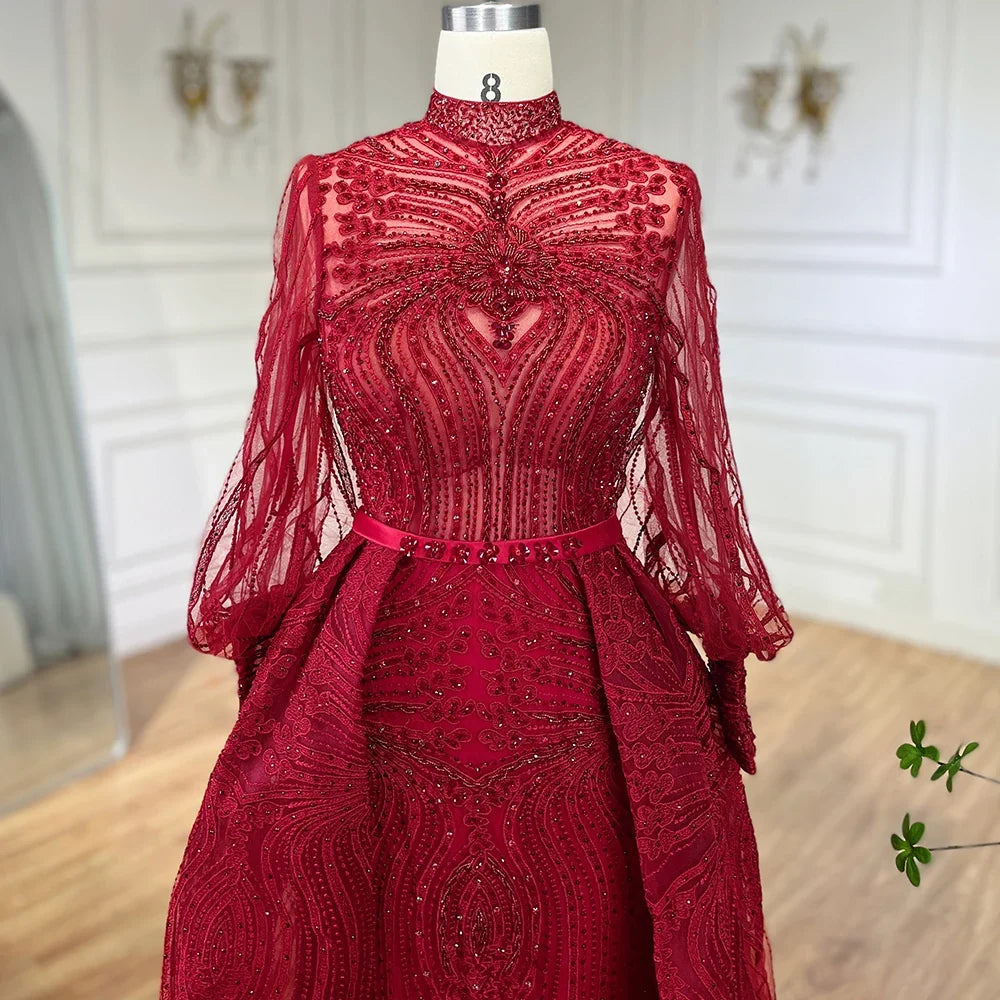 Zapdress Customized Wine Red Long Sleeves Overskirt Evening Dresses 2024 Muslim Party Gowns For Women Plus Size (ZD17306)