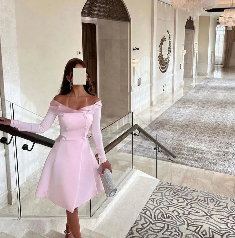 Modern Evening Dresses Outfit Long Sleeves Button Pink Party Gown Wedding Guest Dress Special Occasion Dress