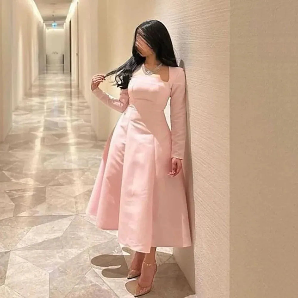 Pink Arabic Prom Dress Gowns Long Sleeves A Line Satin Custom Formal Evening Gown Elegant Party Dress For Women As Picture