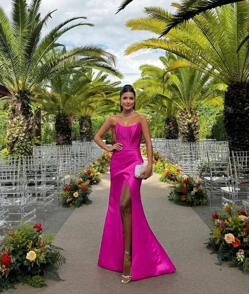 Red Satin Formal Evening Dresses Detachable Drapes Train Sexy Party Gown Saudi Arabric Prom Dress For Women