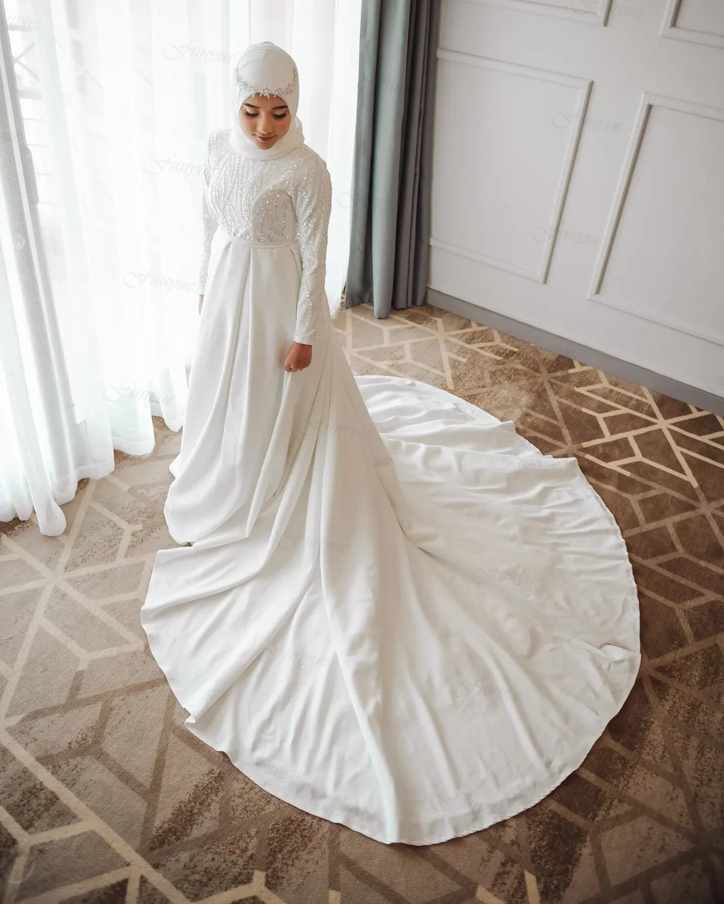 Elegant Muslim Wedding Dresses Long Sleeve A-Line Hajab Bridal Dress Vestido De Noiva 2024 Dubai Arabic Bridal Gowns WHITE
