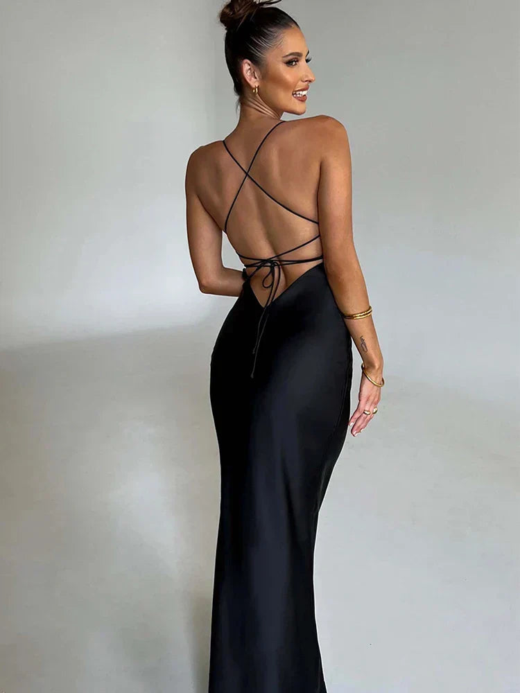 Satin Backless Lace Up Mermaid Silk Dress - View 4 | VelvetHem