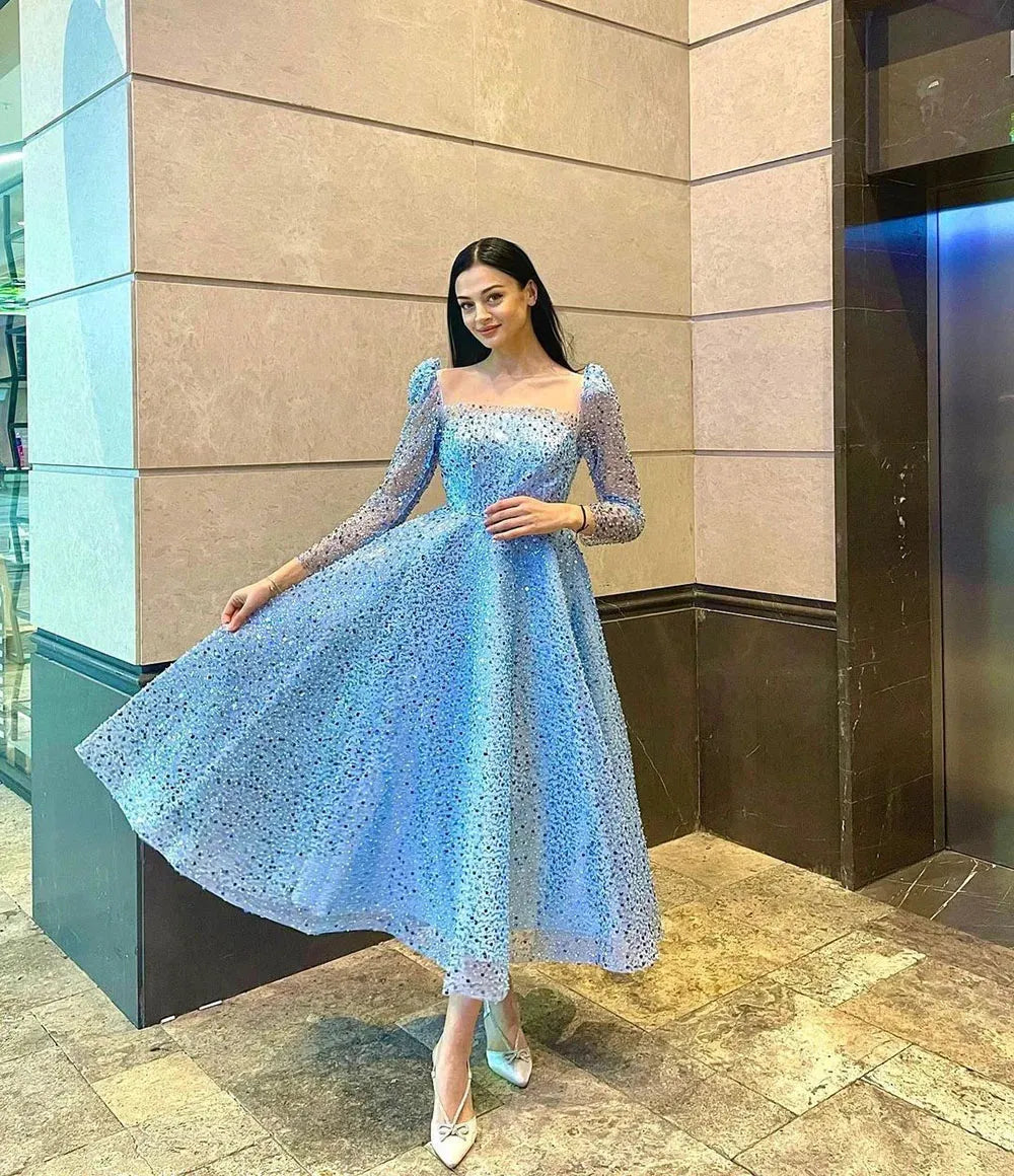 Ocean Blue Evening Dress Glitter Shiny Sequined Prom Gown 3/4 Long Sleeves Party Dress Lace Up Club Banquet Dress