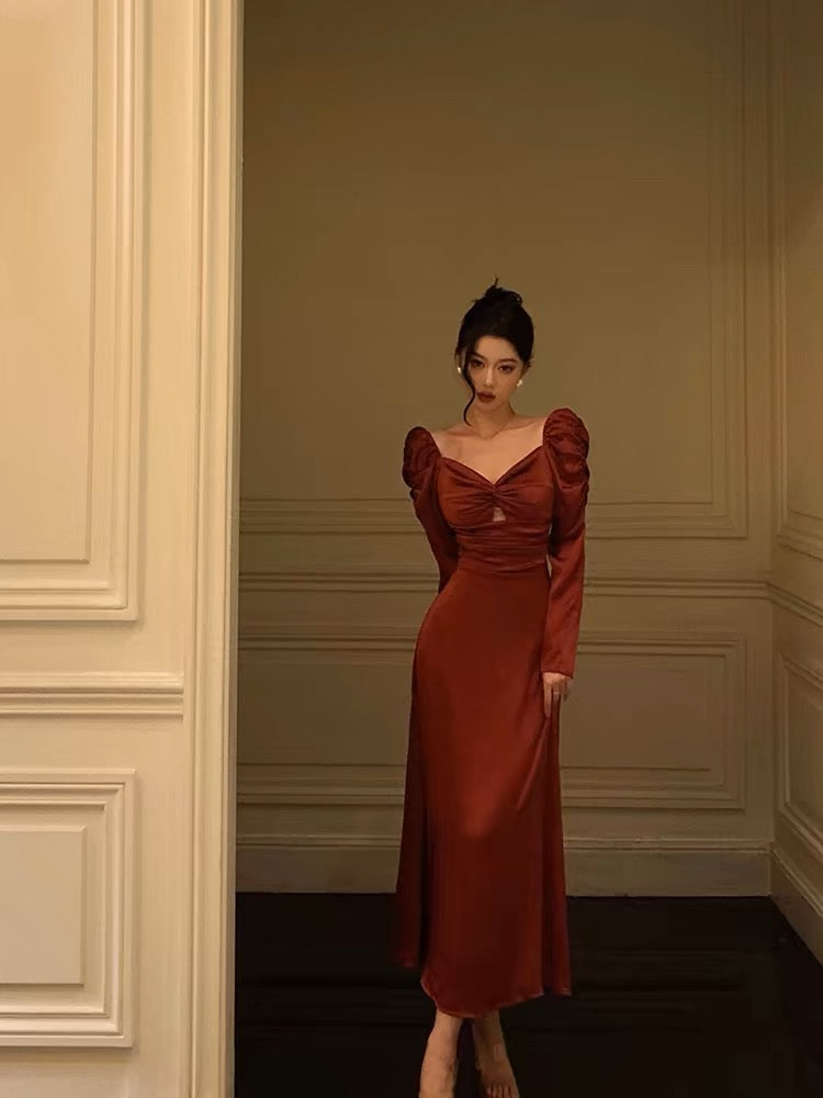 Sexy A line Long Sleeves Red Satin Prom Dresses Birthday Outfits