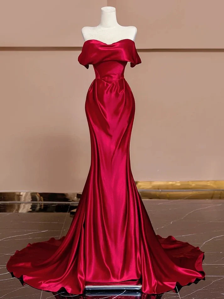 Classy Off The Shoulder Red Mermaid Long Prom Dress Formal Evening Dress