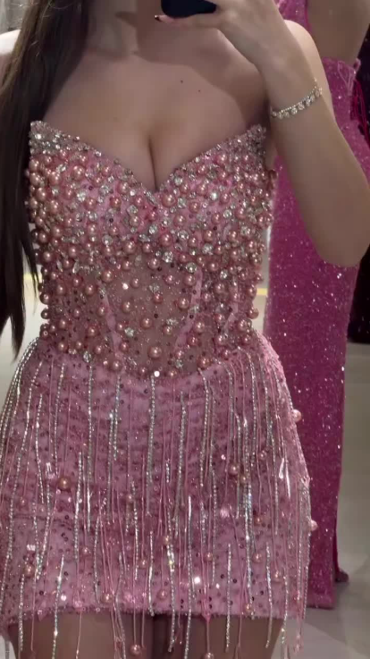 Gorgeous Strapless V-Neck Sequin Beaded Sheath Cocktail Dress Pink Formal Graduation Homecoming Dress - FashionDia