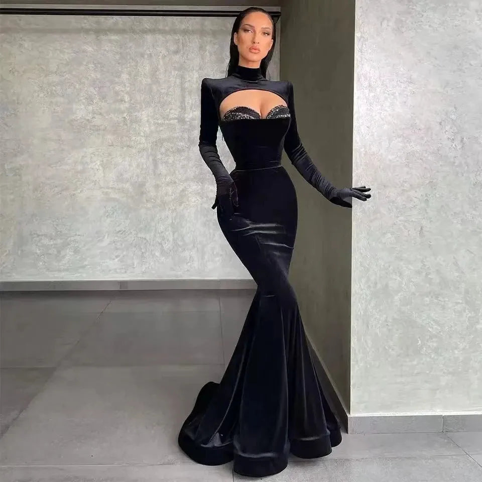 Muslim Arabic Black Elegant Evening Dress Long Sleeve Prom Dress Mermaid High Neck Formal Occasion Gown Robes De Soirée As Picture