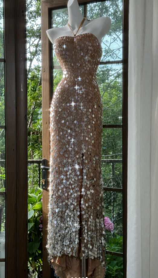 Gorgeous Halter Champagne Sequin Slit Mermaid Party Dress Long Evening Gown