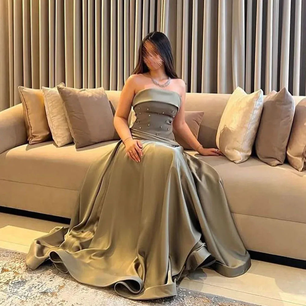 Satin Mermaid Evening Dresses Women Arabic Gown Strapless A Line Crystal Formal Party Dress Dubai Banquet Prom Gowns As Picture