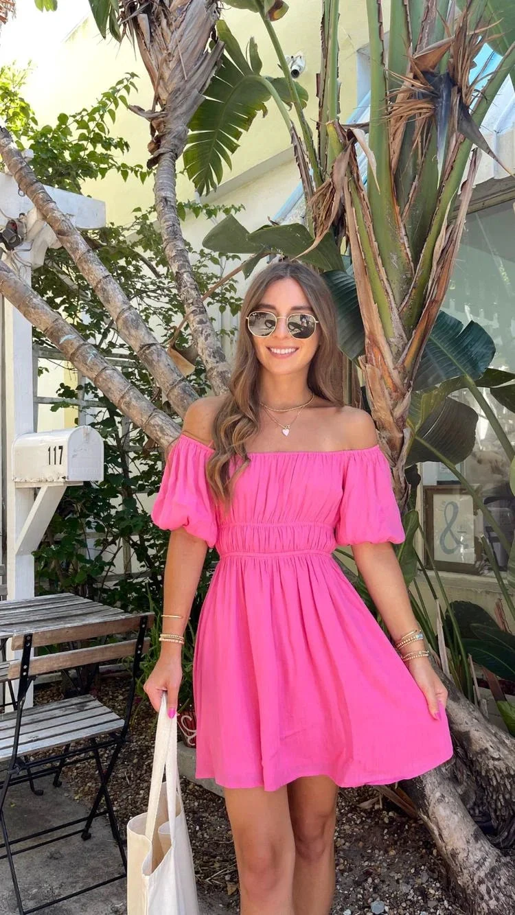 Hot Pink A-line Homecoming Dress with Puff Sleeves Summer Dress (ZD11912)