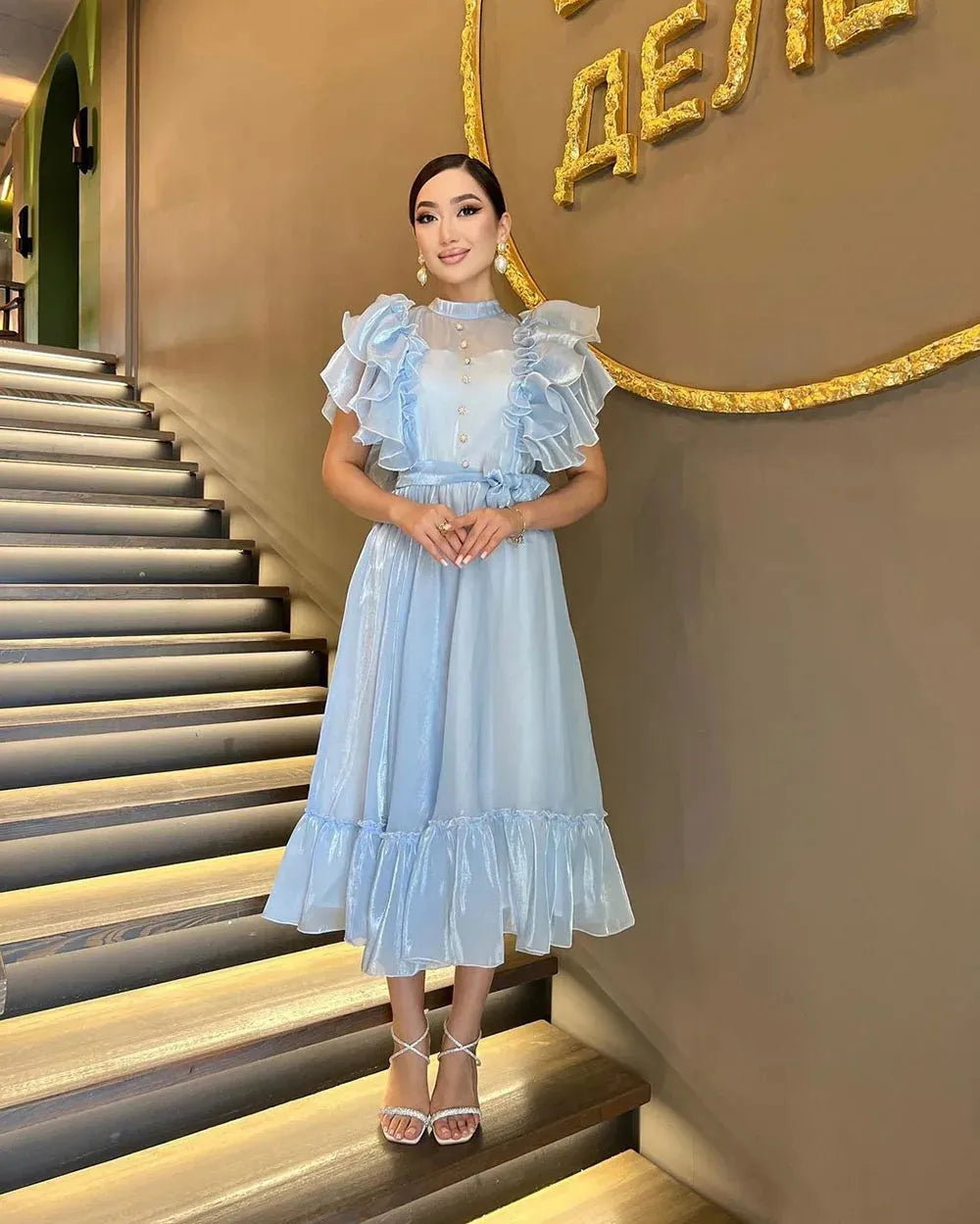 Blue Prom Dresses O Neck Puff Sleeves Ruched Button Homecoming Dresses Occasion Party Gown vestidos de graduación