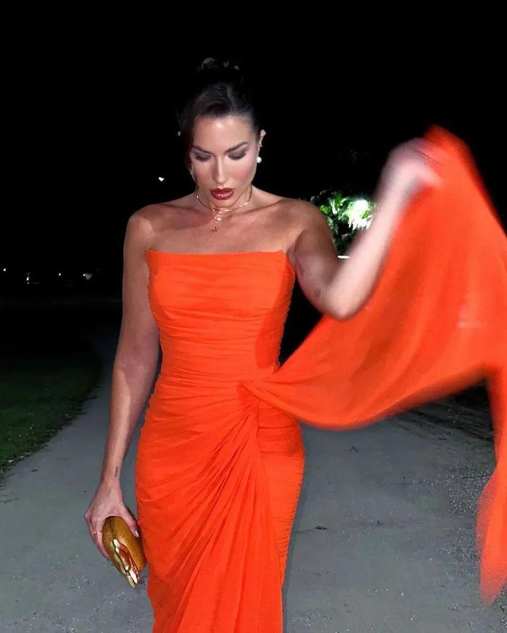 Orange Charming Prom Gown Strapless Pleat Anke Length Evening Dresses With Draped Party Celebrity Night Dinner Gowns