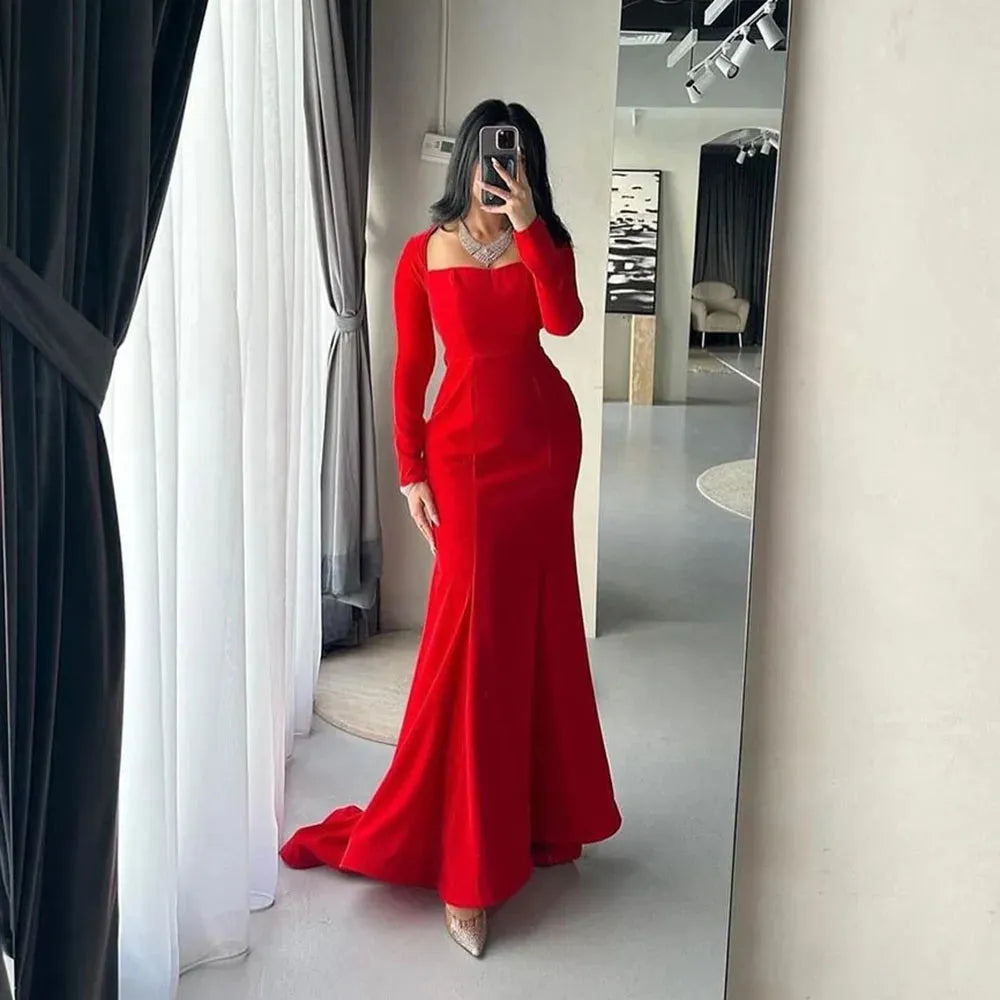 Elegant Red Mermaid Prom Dress Elastic Satin Square Long Sleeves Floor Length Formal Evening Dress vestido de gala As Picture