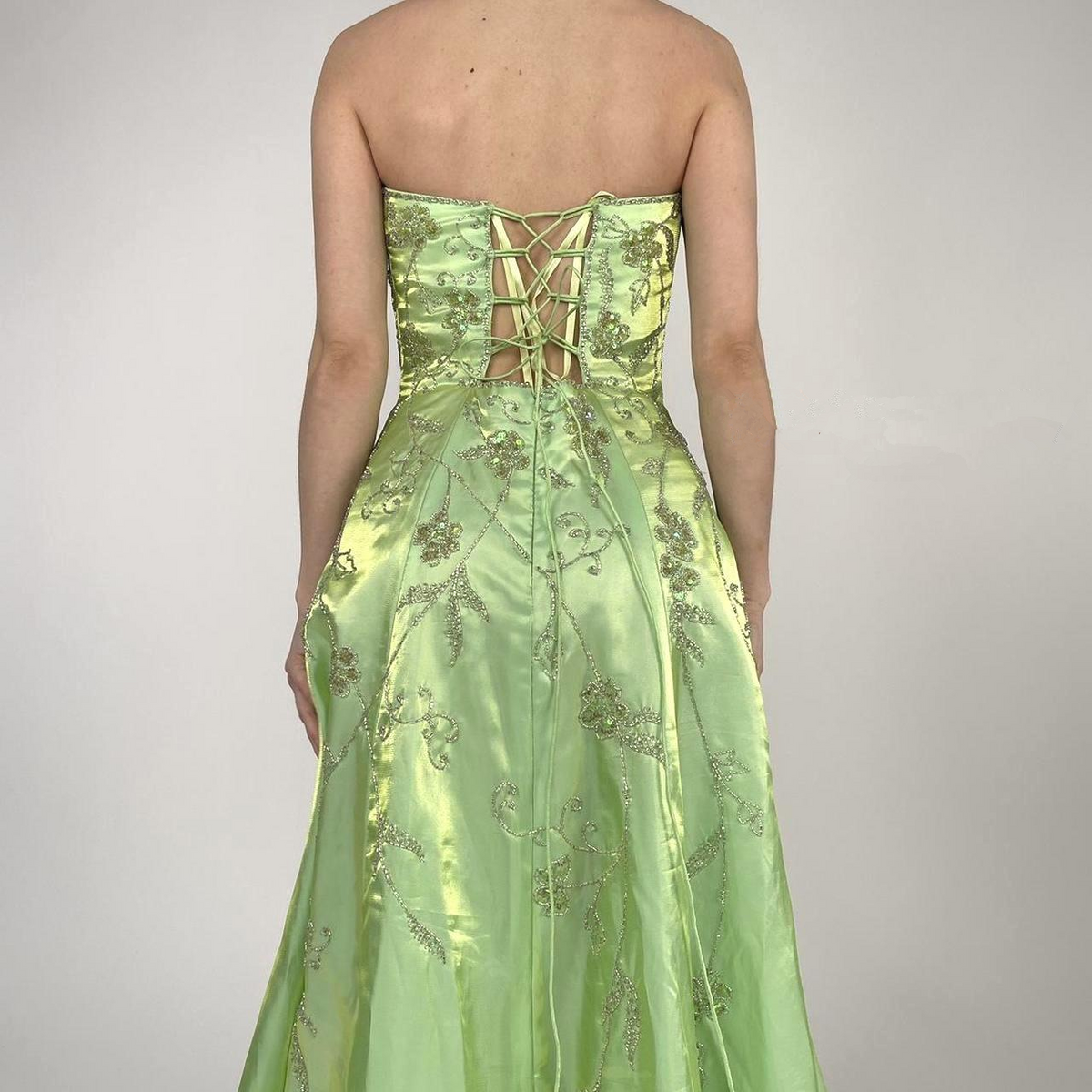 Strapless Green Satin Beaded A Line Prom Dress Evening Dress Y8412 - View 6 | VelvetHem