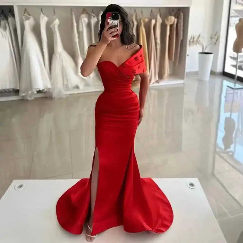 Mermaid Formal Evening Dresses Side Split One Shoulder Pleat Satin Beaded Special occasion Dress Prom Party Gown