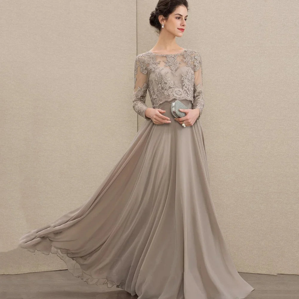 Customized Chiffon O Neck Bridal Dress Elegant Lace A Line Wedding Party Gowns For Bride Long Sleeves Formal Mother Dresses