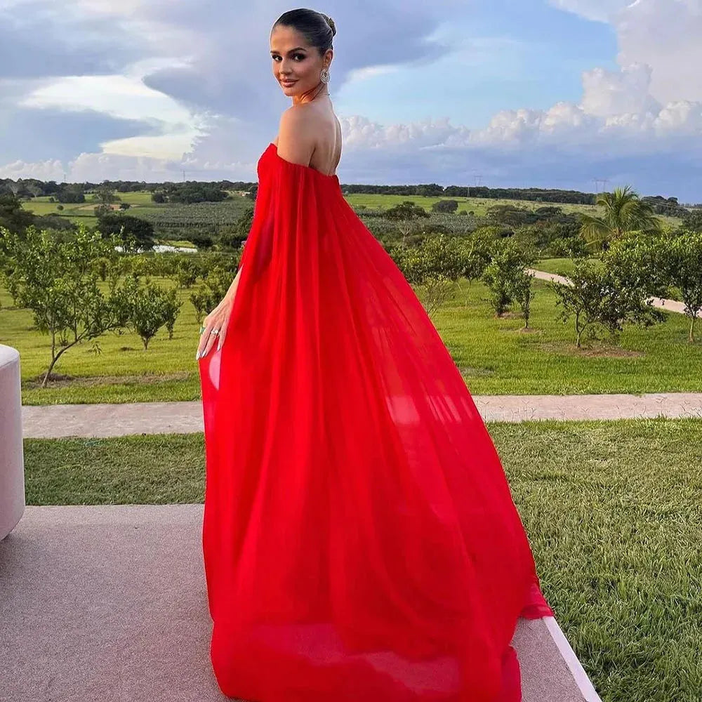Red Evening Dresses With Draped Sleeves Wedding Guest Dress Pleats Backless Chiffon Party Formal Gown Special Occasion