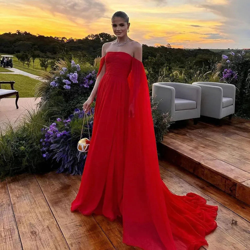 Red Evening Dresses With Draped Sleeves Wedding Guest Dress Pleats Backless Chiffon Party Formal Gown Special Occasion