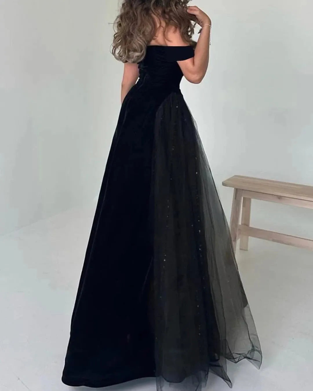 Black Elastic Satin Evening Dress With Glitter Tulle Draped Prom Gowns Prom Dress Saudi Arabic A Line Party Dress