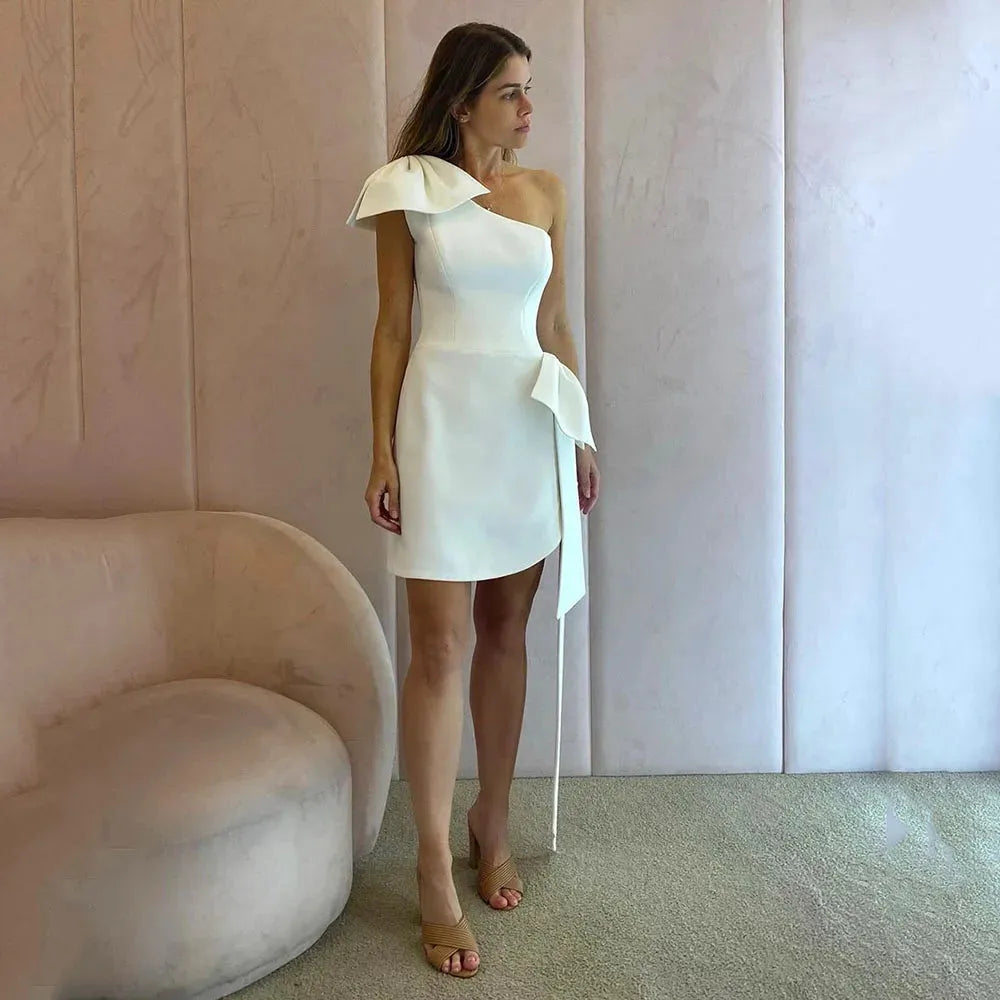 Short Wedding Dresses For Women One Shoulder Bow Wedding Party Dress Mini Formal Banquet Gown Bride Dress Ivory