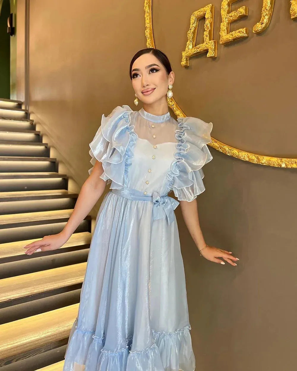 Blue Prom Dresses O Neck Puff Sleeves Ruched Button Homecoming Dresses Occasion Party Gown vestidos de graduación
