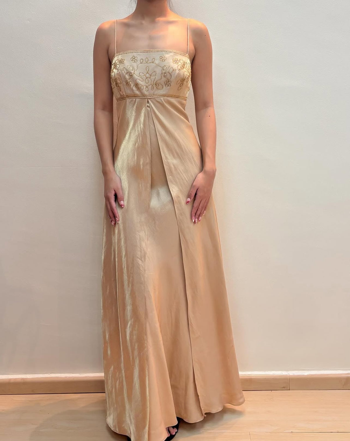 Spaghetti Straps Champagne Long Prom Dress Beaded Evening Dress