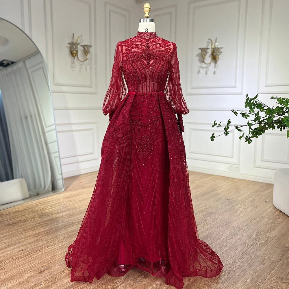 Zapdress Customized Wine Red Long Sleeves Overskirt Evening Dresses 2024 Muslim Party Gowns For Women Plus Size (ZD17306)