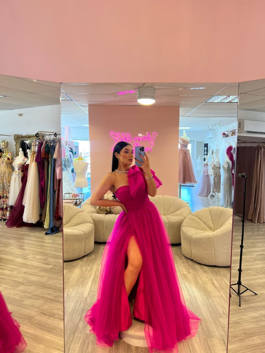 Fuchsia One Shoulder Evening Dresses Long Tulle A Line Evening Dresses