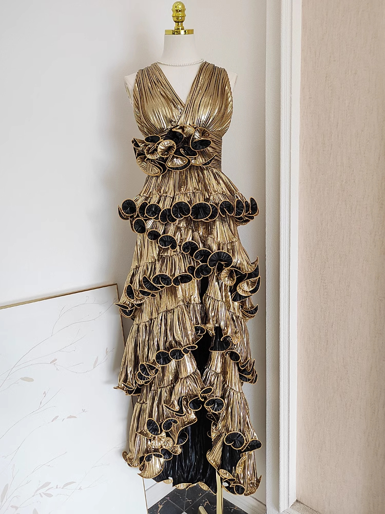 Chic Sheath V Neckline Gold Ruffles Long Prom Dresses Birthday Outfits