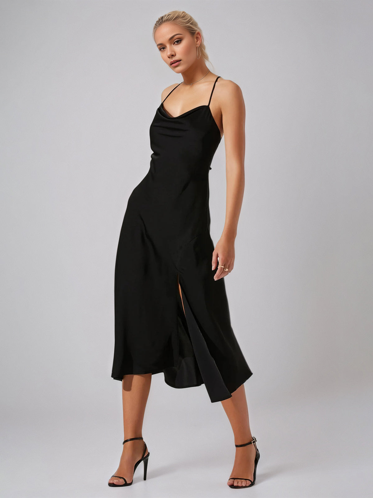 Black Chiffon A Line Spaghetti Straps Sleeveless Tea Length Dress