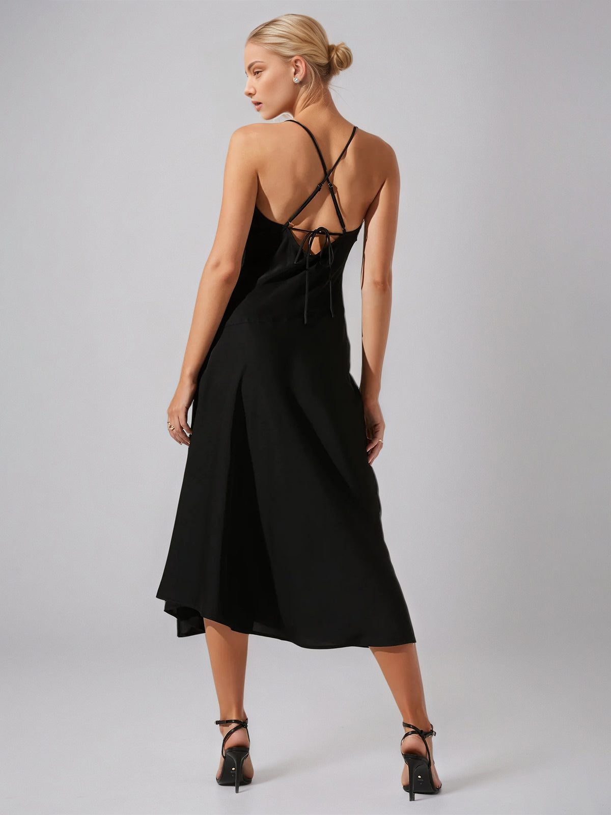 Black Chiffon A Line Spaghetti Straps Sleeveless Tea Length Dress