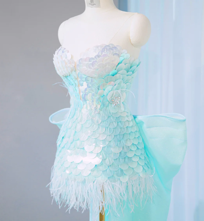 Charming Baby Blue Sequin Short Party Dress Birthday Dress With Bow