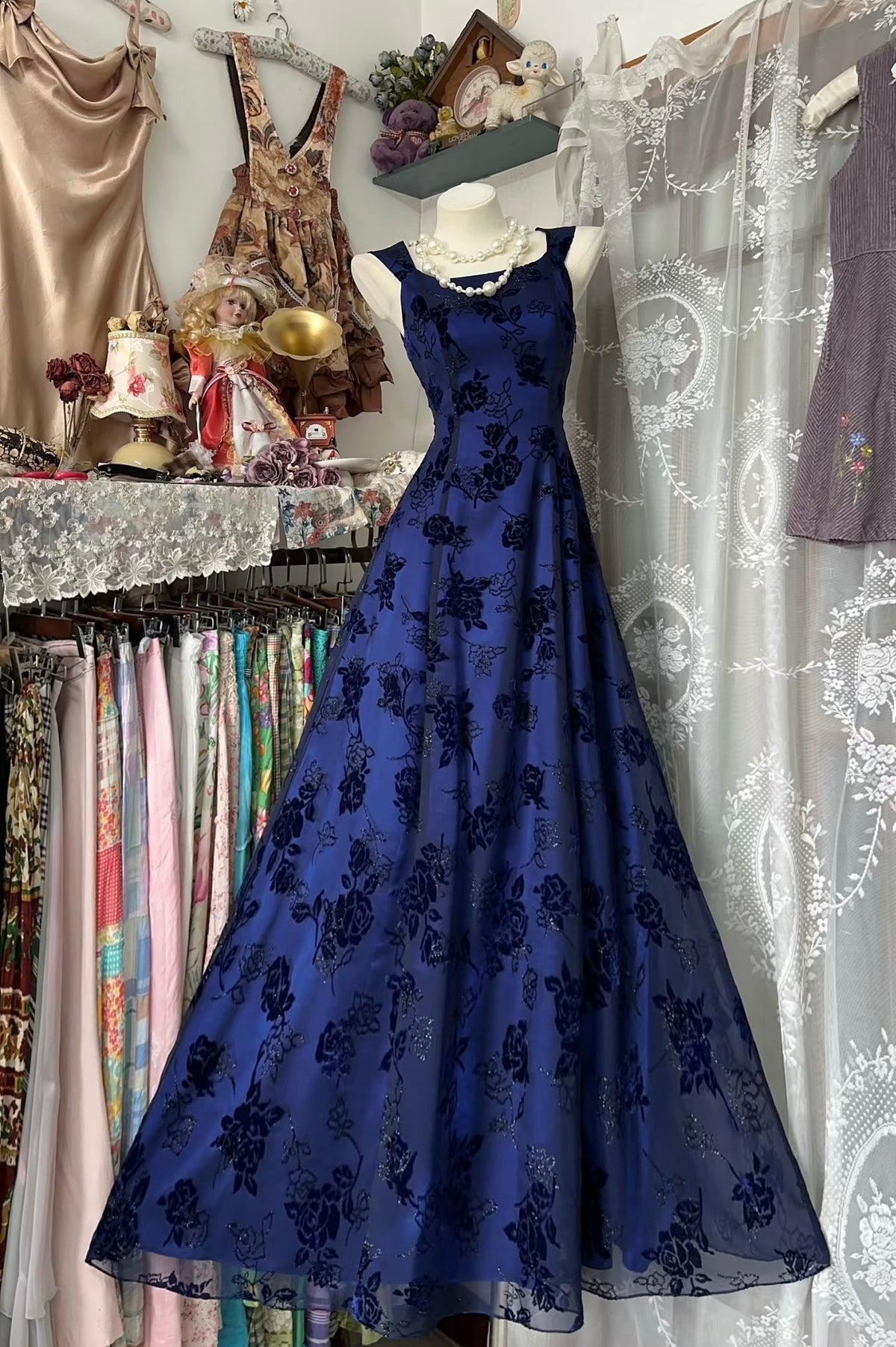 A-Line Lace Vintage Long Prom Dress Blue Evening Dress
