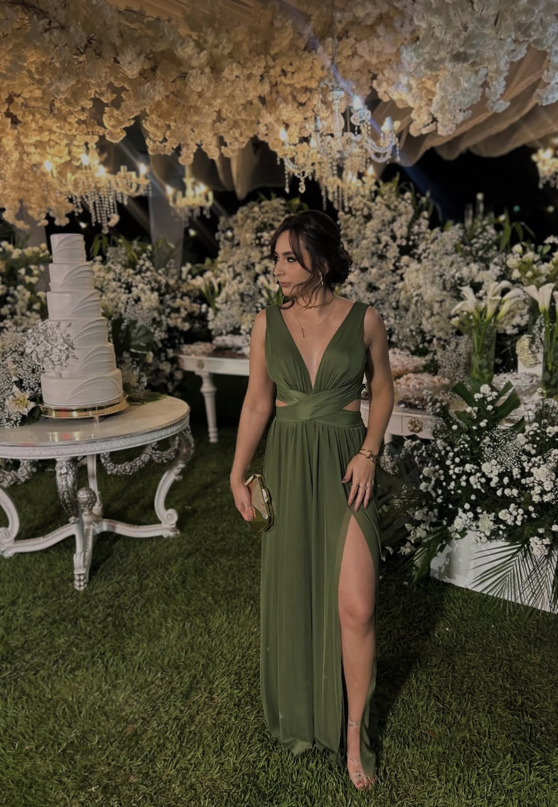 V-Neck Green Wedding Guest Dress Chiffon Evening Party Dress