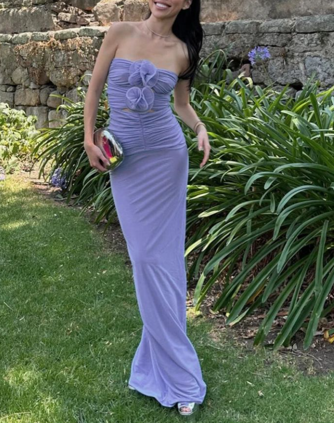 Chic Strapless Purple Sheath Prom Dress Long Party Dress With Flowers