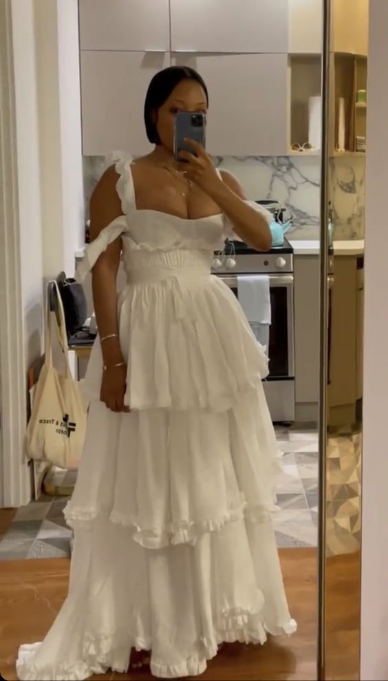 Elegant White Chiffon Ruffles Prom Dress Formal Wedding Dress Party Dress