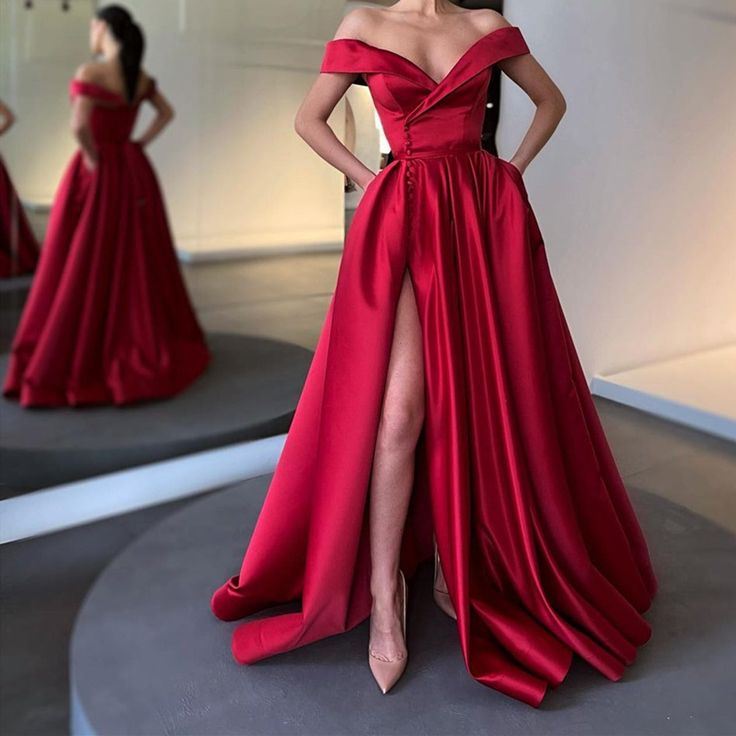 Off the Shoulder Burgundy Satin Long Prom Dresses Off Shoulder Wine Red Long Formal Evening Dresses Y7153 - VelvetHem