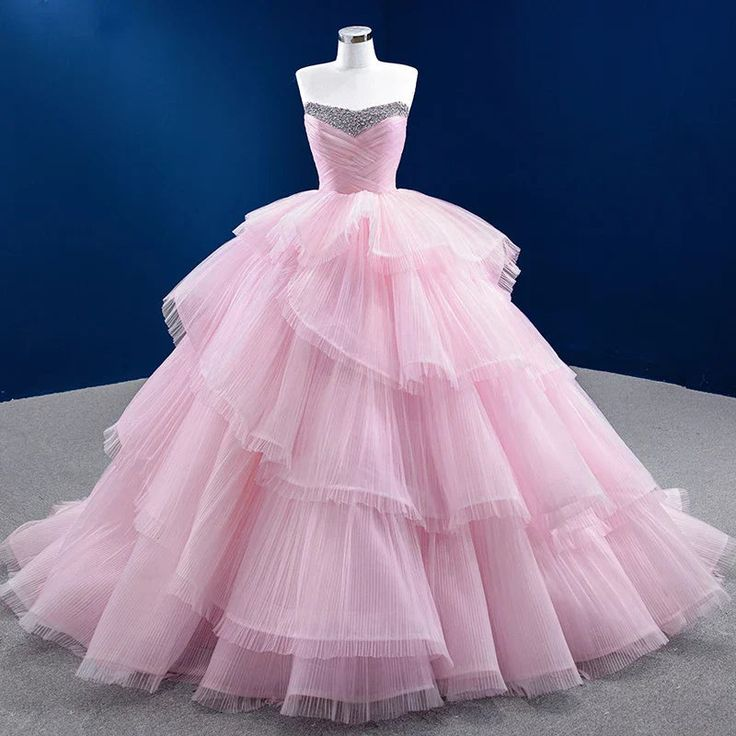 Luxurious Pink Tulle Beaded Layered Ball Gown Sweet 16 Dress Quinceanera Dress