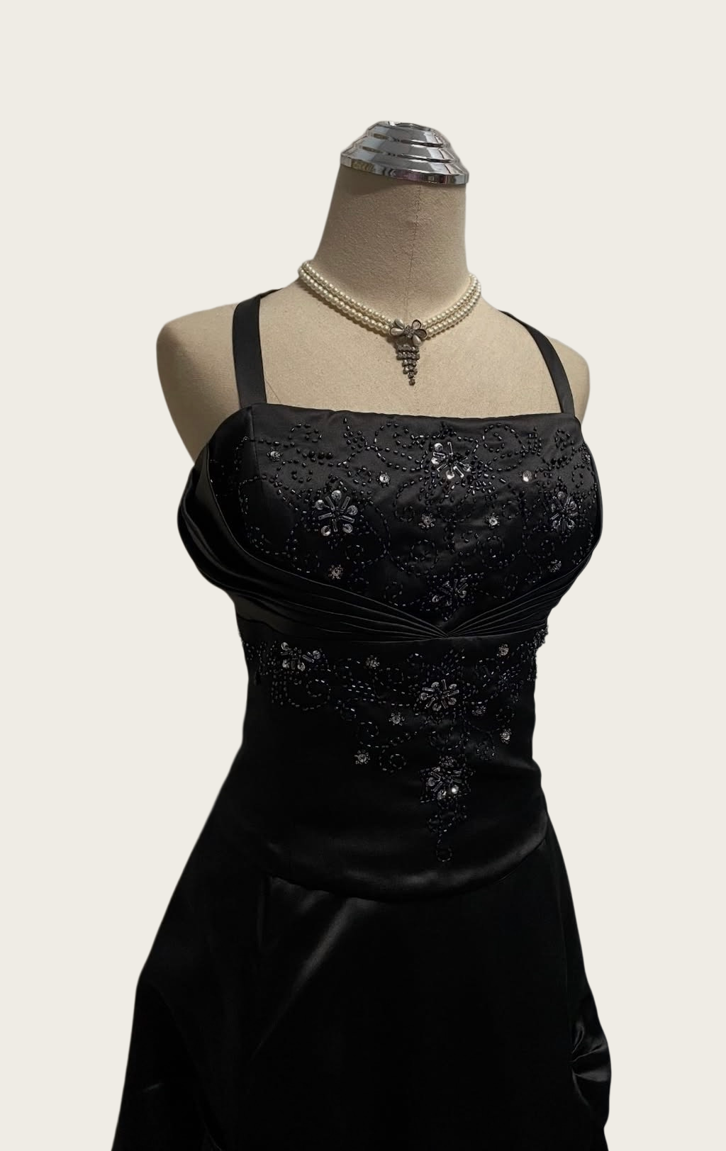 A Line Black Satin Prom Dress Beaded Retro Evening Dress  J10421