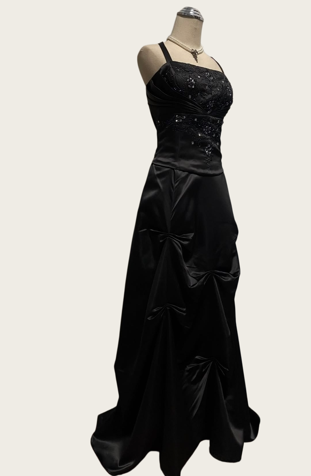 A Line Black Satin Prom Dress Beaded Retro Evening Dress  J10421