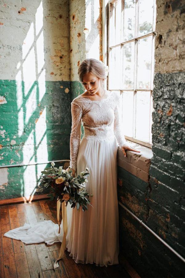 A Line Boho Lace Long Sleeves Open Back Rustic Wedding Dresses (ZD16224)