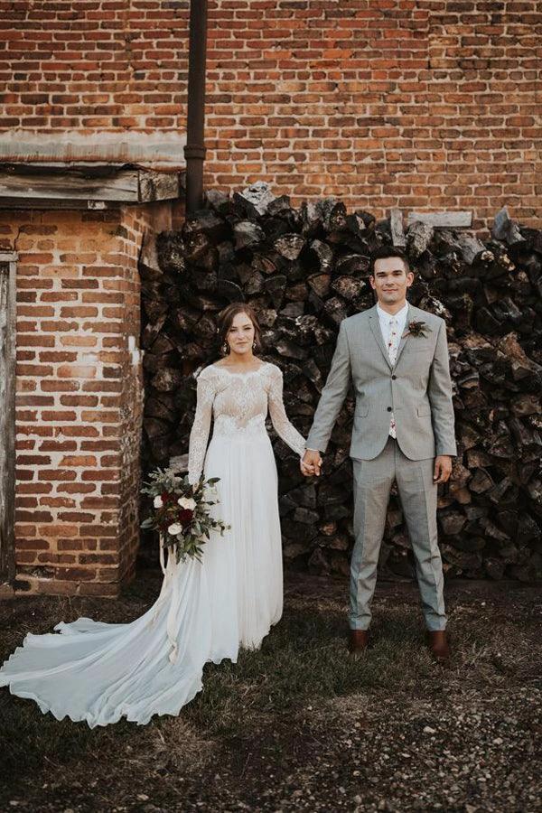 A Line Boho Lace Long Sleeves Open Back Rustic Wedding Dresses (ZD16224)